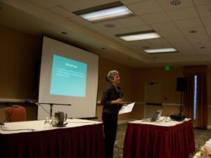 A Woman Giving a Conference to a Crowd